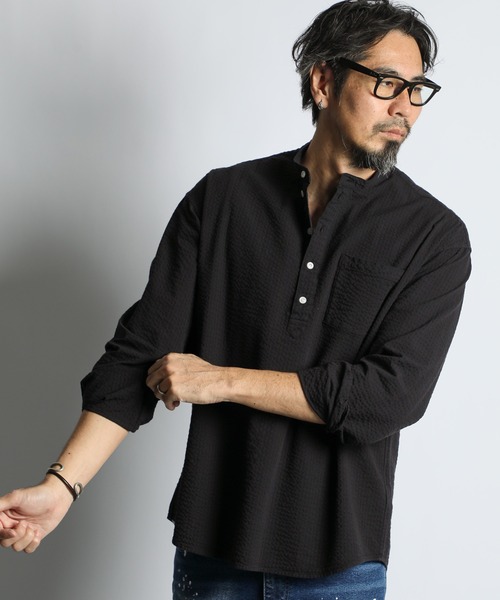 WEB限定アイテム】SEER SUCKER EFD OVERDYE BAND COLLAR SHIRT：シア