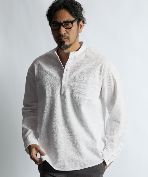 The DUFFER of ST.GEORGE(ザダファーオブセントジョージ)の「【WEB限定アイテム】SEER SUCKER EFD OVERDYE BAND COLLAR SHIRT:シアサッカー バンドカラーシャツ / エコ染色 / 春夏トップス(シャツ/ブラウス・メンズ・ライトブルー/ブラック/ホワイト・SMALL/MEDIUM/LARGE/X-LARGE)」の4枚目の写真
