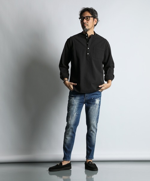 The DUFFER of ST.GEORGE(ザダファーオブセントジョージ)の「【WEB限定アイテム】SEER SUCKER EFD OVERDYE BAND COLLAR SHIRT:シアサッカー バンドカラーシャツ / エコ染色 / 春夏トップス(シャツ/ブラウス・メンズ・ライトブルー/ブラック/ホワイト・SMALL/MEDIUM/LARGE/X-LARGE)」の7枚目の写真