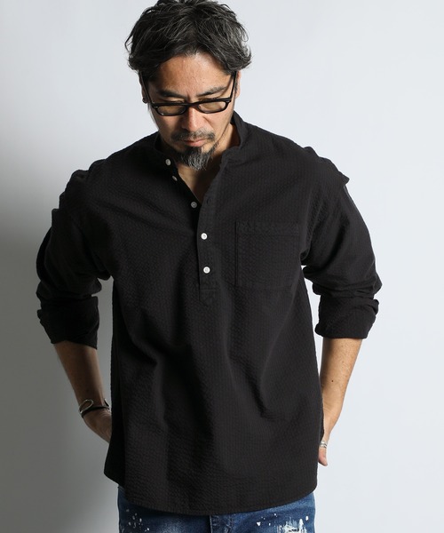The DUFFER of ST.GEORGE(ザダファーオブセントジョージ)の「【WEB限定アイテム】SEER SUCKER EFD OVERDYE BAND COLLAR SHIRT:シアサッカー バンドカラーシャツ / エコ染色 / 春夏トップス(シャツ/ブラウス・メンズ・ライトブルー/ブラック/ホワイト・SMALL/MEDIUM/LARGE/X-LARGE)」の6枚目の写真