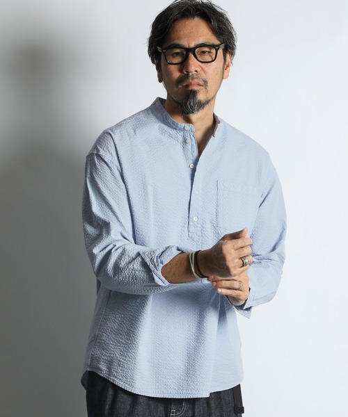 The DUFFER of ST.GEORGE(ザダファーオブセントジョージ)の「【WEB限定アイテム】SEER SUCKER EFD OVERDYE BAND COLLAR SHIRT:シアサッカー バンドカラーシャツ / エコ染色 / 春夏トップス(シャツ/ブラウス・メンズ・ライトブルー/ブラック/ホワイト・SMALL/MEDIUM/LARGE/X-LARGE)」の8枚目の写真