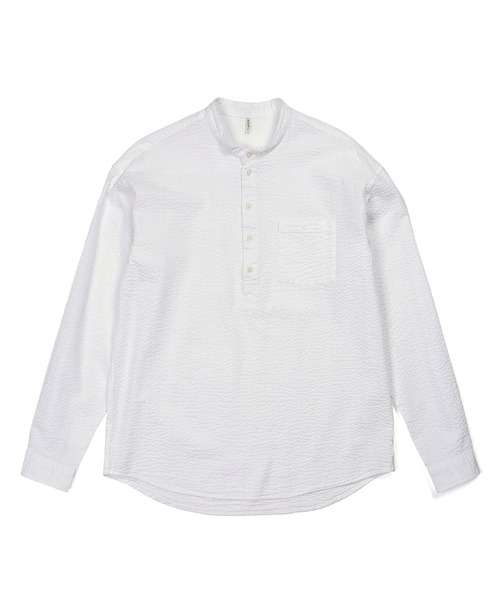 The DUFFER of ST.GEORGE(ザダファーオブセントジョージ)の「【WEB限定アイテム】SEER SUCKER EFD OVERDYE BAND COLLAR SHIRT:シアサッカー バンドカラーシャツ / エコ染色 / 春夏トップス(シャツ/ブラウス・メンズ・ライトブルー/ブラック/ホワイト・SMALL/MEDIUM/LARGE/X-LARGE)」の12枚目の写真