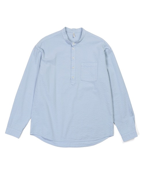 The DUFFER of ST.GEORGE(ザダファーオブセントジョージ)の「【WEB限定アイテム】SEER SUCKER EFD OVERDYE BAND COLLAR SHIRT:シアサッカー バンドカラーシャツ / エコ染色 / 春夏トップス(シャツ/ブラウス・メンズ・ライトブルー/ブラック/ホワイト・SMALL/MEDIUM/LARGE/X-LARGE)」の14枚目の写真