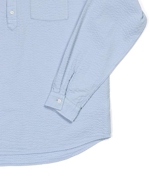The DUFFER of ST.GEORGE(ザダファーオブセントジョージ)の「【WEB限定アイテム】SEER SUCKER EFD OVERDYE BAND COLLAR SHIRT:シアサッカー バンドカラーシャツ / エコ染色 / 春夏トップス(シャツ/ブラウス・メンズ・ライトブルー/ブラック/ホワイト・SMALL/MEDIUM/LARGE/X-LARGE)」の18枚目の写真