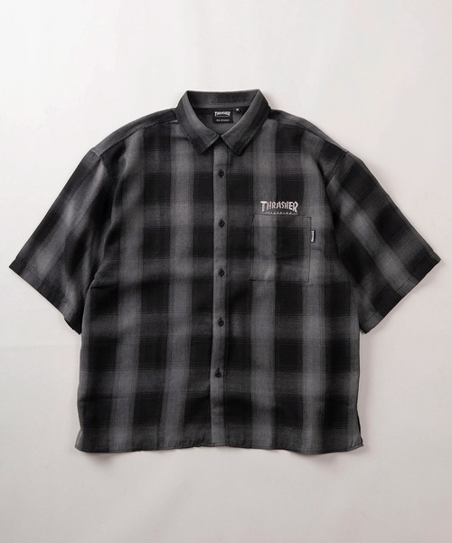 THRASHER（スラッシャー）の「【70】【THRASHER/スラッシャー】バックフェルト刺繍 ブランドロゴ オンブレチェック レギュラーカラーシャツ（シャツ/ブラウス・レディース・ブラック/ホワイト/ブルー・XL/L/M）」の4枚目の写真
