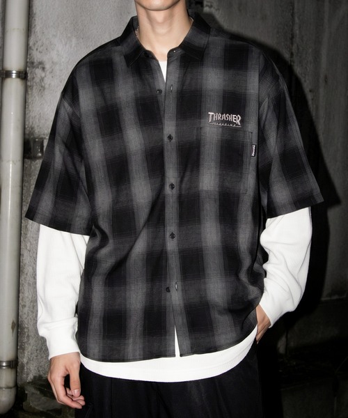 THRASHER（スラッシャー）の「【70】【THRASHER/スラッシャー】バックフェルト刺繍 ブランドロゴ オンブレチェック レギュラーカラーシャツ（シャツ/ブラウス・レディース・ブラック/ホワイト/ブルー・XL/L/M）」の15枚目の写真