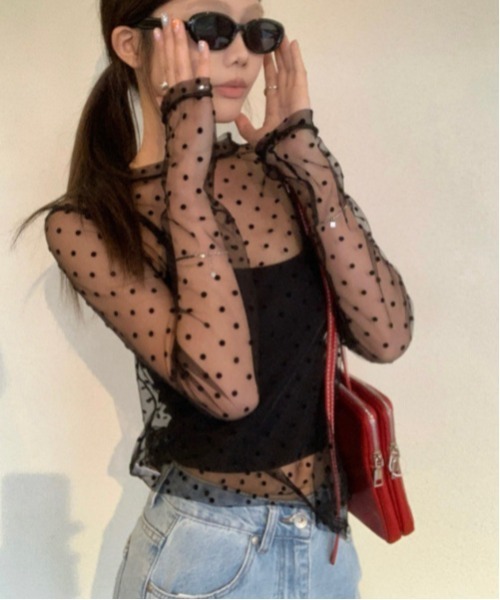 MASHIRO（マシロ）の「【MASHIRO】ドットシアーカットオフカットソー 長袖 Y2K(MA/EK151)（Tシャツ/カットソー・レディース・ホワイト/ブラック・FREE）」の11枚目の写真