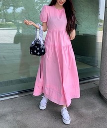バックオープンデザイン パフスリーブ ギャザー切替 フレア ロングワンピース