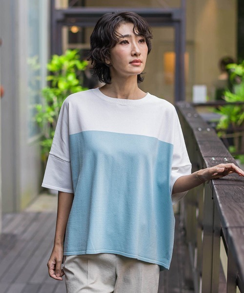 la.f…(ラエフ)の「【WEB限定】"涼感"バイカラーニット(ニット/セーター・レディース・ダークネイビー/ベージュ系その他/ブラック系その他/ブルー系その他・9号)」の1枚目の写真