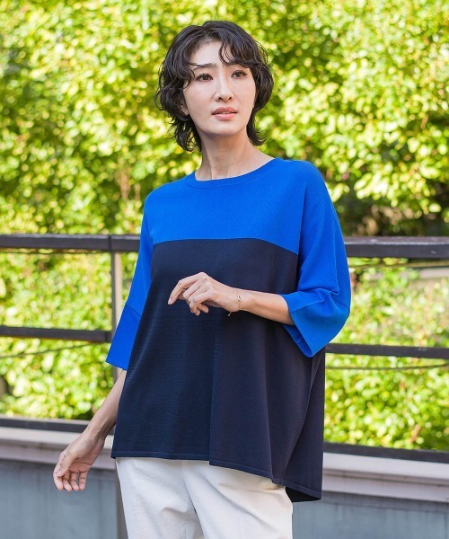 la.f…(ラエフ)の「【WEB限定】"涼感"バイカラーニット(ニット/セーター・レディース・ダークネイビー/ベージュ系その他/ブラック系その他/ブルー系その他・9号)」の2枚目の写真