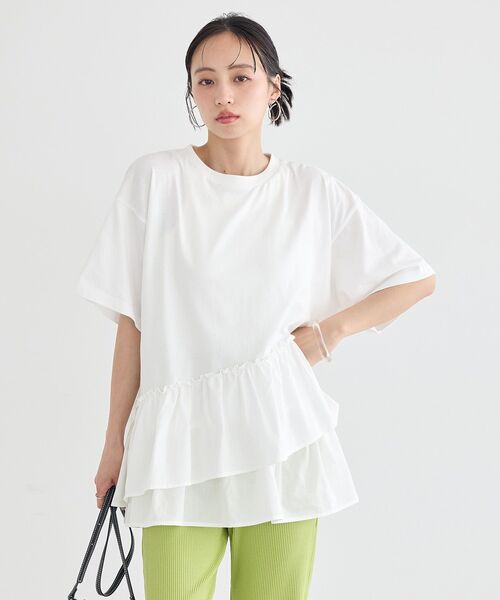 earth music&ecology（アースミュージックアンドエコロジー）の「異素材ドッキンググラフィックTシャツ（Tシャツ/カットソー・レディース・アイボリー/チャコールグレー/オフホワイト・FREE）」の16枚目の写真