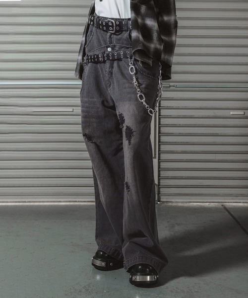 ERAR(エラー)の「【ERAR】ヴィンテージダブルウエストダメージバギーデニムパンツ(デニムパンツ・メンズ・グレー/ブラック・S/M/L/XL)」の5枚目の写真