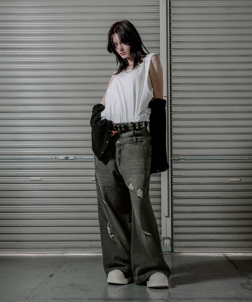 ERAR(エラー)の「【ERAR】ヴィンテージダブルウエストダメージバギーデニムパンツ(デニムパンツ・メンズ・グレー/ブラック・S/M/L/XL)」の22枚目の写真