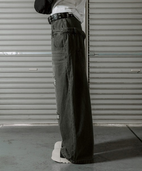 ERAR(エラー)の「【ERAR】ヴィンテージダブルウエストダメージバギーデニムパンツ(デニムパンツ・メンズ・グレー/ブラック・S/M/L/XL)」の5枚目の写真