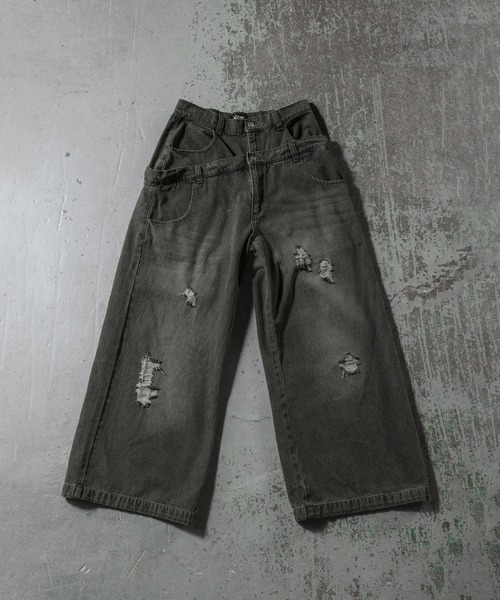 ERAR(エラー)の「【ERAR】ヴィンテージダブルウエストダメージバギーデニムパンツ(デニムパンツ・メンズ・グレー/ブラック・S/M/L/XL)」の4枚目の写真