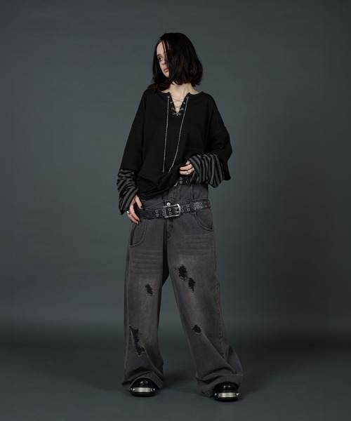 ERAR(エラー)の「【ERAR】ヴィンテージダブルウエストダメージバギーデニムパンツ(デニムパンツ・メンズ・グレー/ブラック・S/M/L/XL)」の16枚目の写真