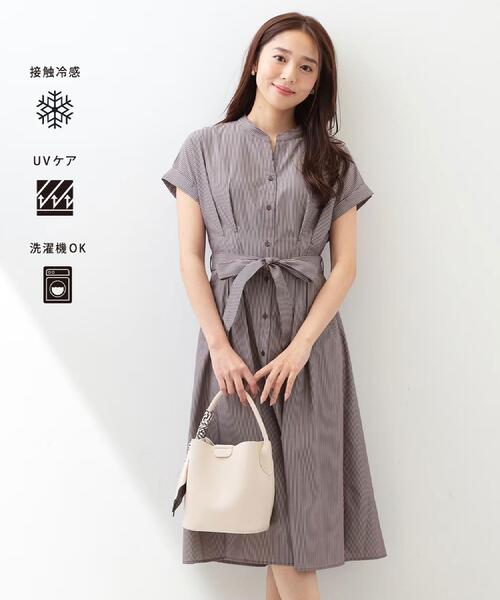 index(インデックス)の「【接触冷感/UV】ストライプタックシャツワンピース《洗濯機OK》(ワンピース・レディース・サックスブルー系2/ワイン系1/チャコール・36/38/40/42)」の4枚目の写真