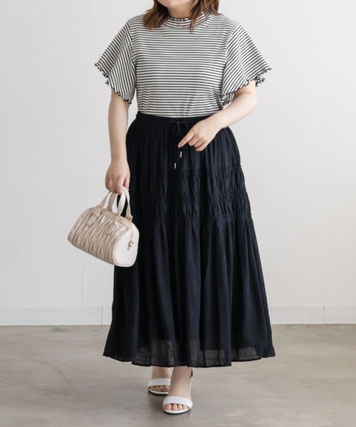 CLETTE（クレット）の「ポイントシャーリングフレアスカート（スカート・レディース・ブラック/オフホワイト/サックスブルー・LL/3L/4L）」の4枚目の写真