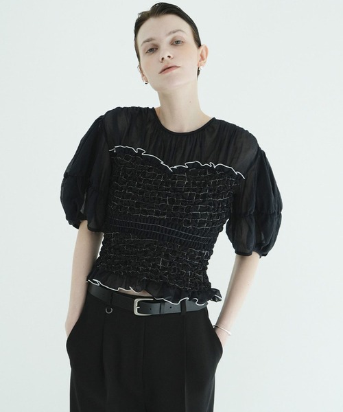 CLANE（クラネ）の「COLOR STITCHED SHIRRING TOPS（シャツ/ブラウス・レディース・ブラック/アイボリー・2/1）」の2枚目の写真