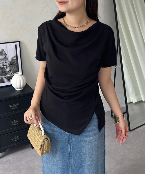 prose verse(プロズヴェール)の「サイドタックドレープネックトップス(Tシャツ/カットソー・レディース・イエロー/ブラック/オフホワイト・LARGE/MEDIUM)」の2枚目の写真