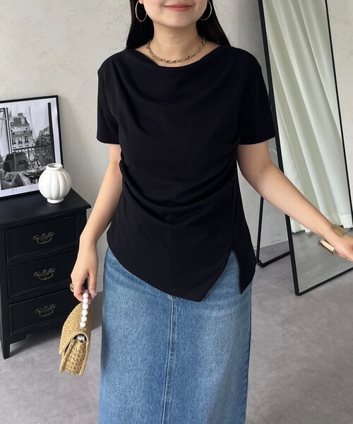 prose verse(プロズヴェール)の「サイドタックドレープネックトップス(Tシャツ/カットソー・レディース・イエロー/ブラック/オフホワイト・LARGE/MEDIUM)」の8枚目の写真