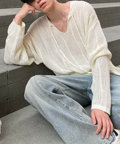 FreeZone(フリーゾーン)の「メッシュ編みVネックルーズニット(ニット/セーター・メンズ・ホワイト/ブラック・F)」の19枚目の写真