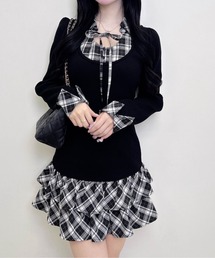 【WEB限定】チェックシャツドッキング長袖ニットワンピース