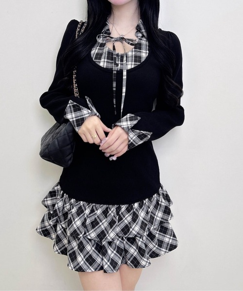 INGNI(イング)の「【WEB限定】チェックシャツドッキング長袖ニットワンピース(ワンピース・レディース・ピンク系その他/ブラック系9/ブラック系その他4・M)」の2枚目の写真