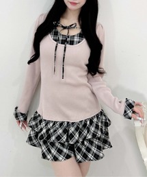 【WEB限定】チェックシャツドッキング長袖ニットワンピース