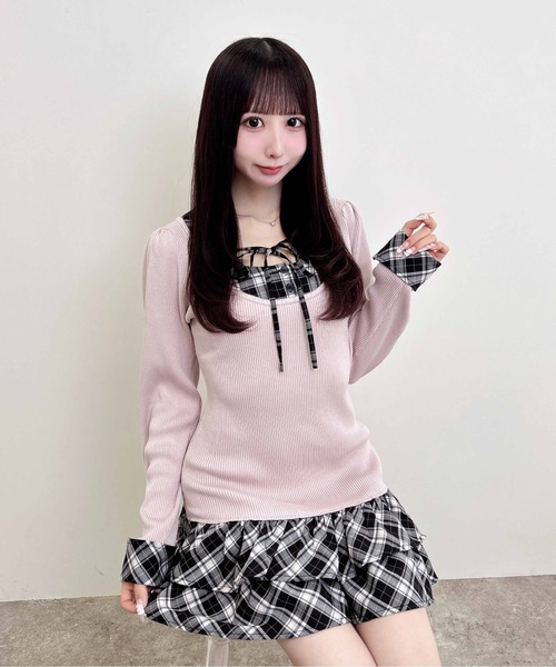 INGNI(イング)の「【WEB限定】チェックシャツドッキング長袖ニットワンピース(ワンピース・レディース・ピンク系その他/ブラック系9/ブラック系その他4・M)」の3枚目の写真