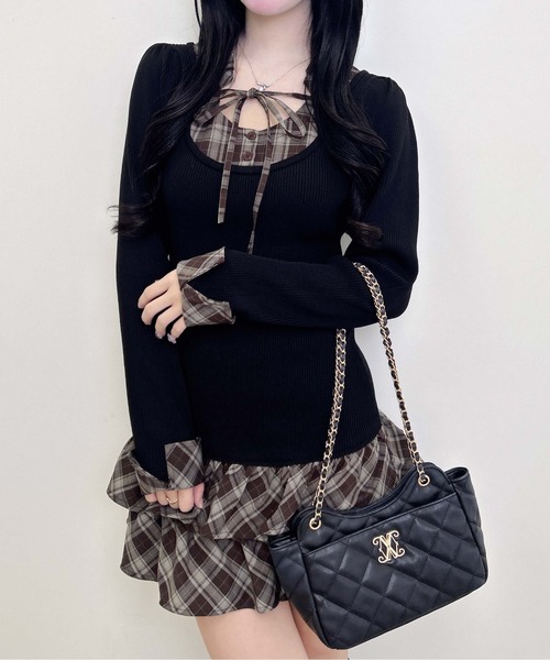 INGNI(イング)の「【WEB限定】チェックシャツドッキング長袖ニットワンピース(ワンピース・レディース・ピンク系その他/ブラック系9/ブラック系その他4・M)」の1枚目の写真