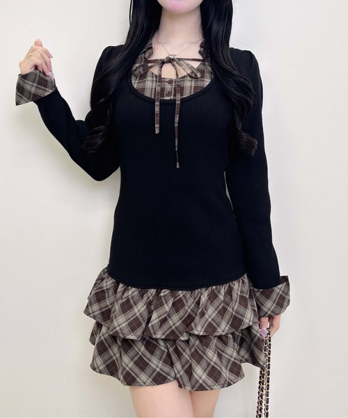 INGNI(イング)の「【WEB限定】チェックシャツドッキング長袖ニットワンピース(ワンピース・レディース・ピンク系その他/ブラック系9/ブラック系その他4・M)」の5枚目の写真
