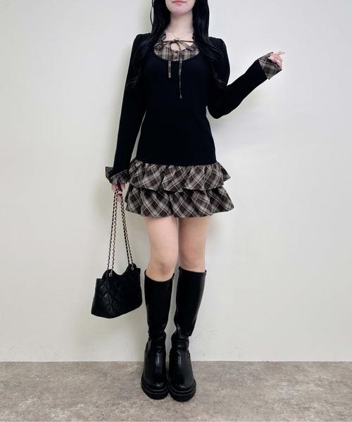 INGNI(イング)の「【WEB限定】チェックシャツドッキング長袖ニットワンピース(ワンピース・レディース・ピンク系その他/ブラック系9/ブラック系その他4・M)」の7枚目の写真