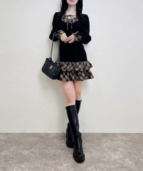 INGNI(イング)の「【WEB限定】チェックシャツドッキング長袖ニットワンピース(ワンピース・レディース・ピンク系その他/ブラック系9/ブラック系その他4・M)」の8枚目の写真