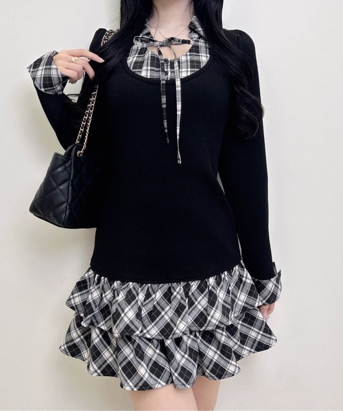 INGNI(イング)の「【WEB限定】チェックシャツドッキング長袖ニットワンピース(ワンピース・レディース・ピンク系その他/ブラック系9/ブラック系その他4・M)」の11枚目の写真