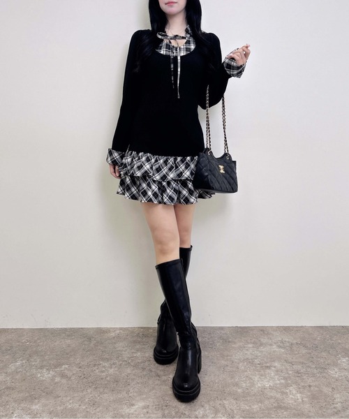 INGNI(イング)の「【WEB限定】チェックシャツドッキング長袖ニットワンピース(ワンピース・レディース・ピンク系その他/ブラック系9/ブラック系その他4・M)」の13枚目の写真