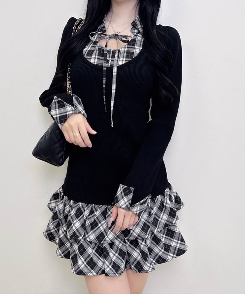 INGNI(イング)の「【WEB限定】チェックシャツドッキング長袖ニットワンピース(ワンピース・レディース・ピンク系その他/ブラック系9/ブラック系その他4・M)」の10枚目の写真