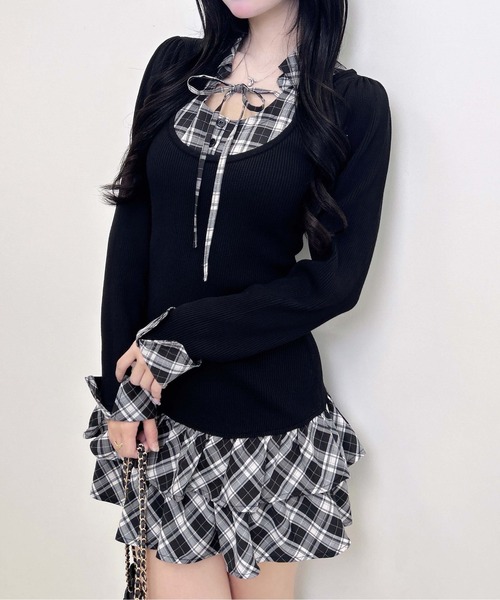 INGNI(イング)の「【WEB限定】チェックシャツドッキング長袖ニットワンピース(ワンピース・レディース・ピンク系その他/ブラック系9/ブラック系その他4・M)」の9枚目の写真