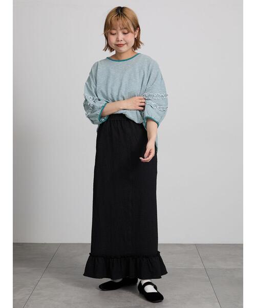 Samansa Mos2(サマンサ モスモス)の「シアーボーダーフリルパフ袖カットソー(Tシャツ/カットソー・レディース・グリーン/ブラック/ピンク・F)」の13枚目の写真