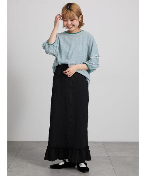 Samansa Mos2(サマンサ モスモス)の「シアーボーダーフリルパフ袖カットソー(Tシャツ/カットソー・レディース・グリーン/ブラック/ピンク・F)」の15枚目の写真