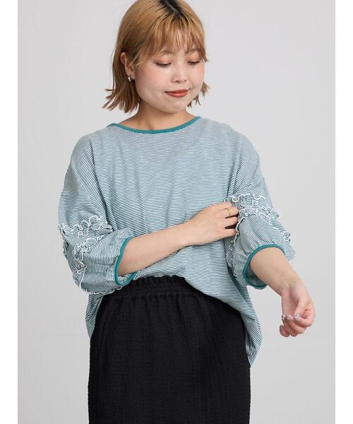 Samansa Mos2(サマンサ モスモス)の「シアーボーダーフリルパフ袖カットソー(Tシャツ/カットソー・レディース・グリーン/ブラック/ピンク・F)」の3枚目の写真
