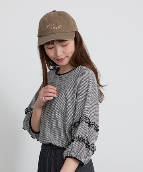 Samansa Mos2(サマンサ モスモス)の「シアーボーダーフリルパフ袖カットソー(Tシャツ/カットソー・レディース・グリーン/ブラック/ピンク・F)」の2枚目の写真