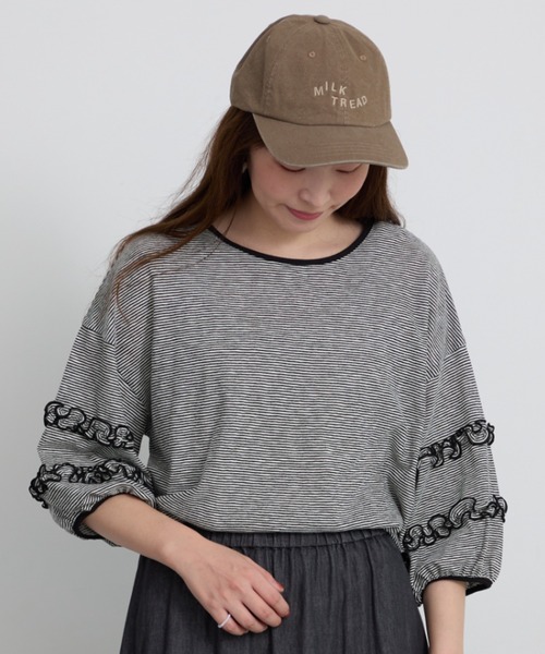 Samansa Mos2(サマンサ モスモス)の「シアーボーダーフリルパフ袖カットソー(Tシャツ/カットソー・レディース・グリーン/ブラック/ピンク・F)」の4枚目の写真