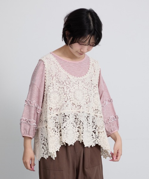 Samansa Mos2(サマンサ モスモス)の「シアーボーダーフリルパフ袖カットソー(Tシャツ/カットソー・レディース・グリーン/ブラック/ピンク・F)」の6枚目の写真