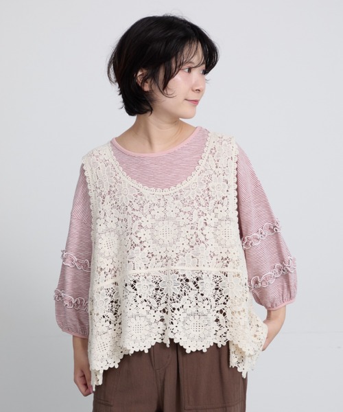 Samansa Mos2(サマンサ モスモス)の「シアーボーダーフリルパフ袖カットソー(Tシャツ/カットソー・レディース・グリーン/ブラック/ピンク・F)」の8枚目の写真