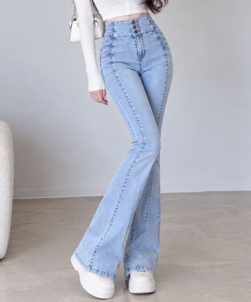 NoBelle(ノベル)の「クロス切り替えストレッチハイウエストデニムフレアパンツ(デニムパンツ・レディース・ブラック/サックスブルー・FREE)」の6枚目の写真
