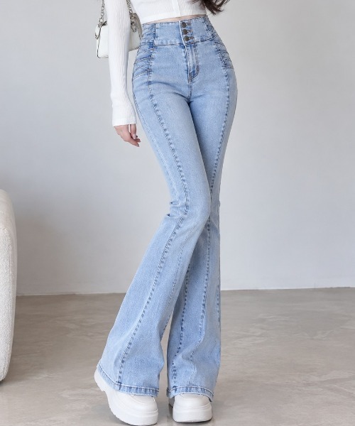 NoBelle(ノベル)の「クロス切り替えストレッチハイウエストデニムフレアパンツ(デニムパンツ・レディース・ブラック/サックスブルー・FREE)」の7枚目の写真