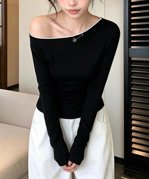 shyam inspiration(シャムインスピレーション)の「バイカラーオフショルニットトップス(Tシャツ/カットソー・レディース・ホワイト/ブラック/ミント/ブラウン・F)」の9枚目の写真