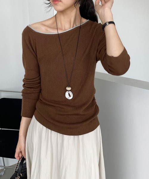 shyam inspiration(シャムインスピレーション)の「バイカラーオフショルニットトップス(Tシャツ/カットソー・レディース・ホワイト/ブラック/ミント/ブラウン・F)」の15枚目の写真