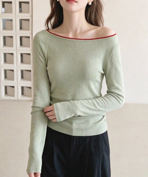 shyam inspiration(シャムインスピレーション)の「バイカラーオフショルニットトップス(Tシャツ/カットソー・レディース・ホワイト/ブラック/ミント/ブラウン・F)」の5枚目の写真